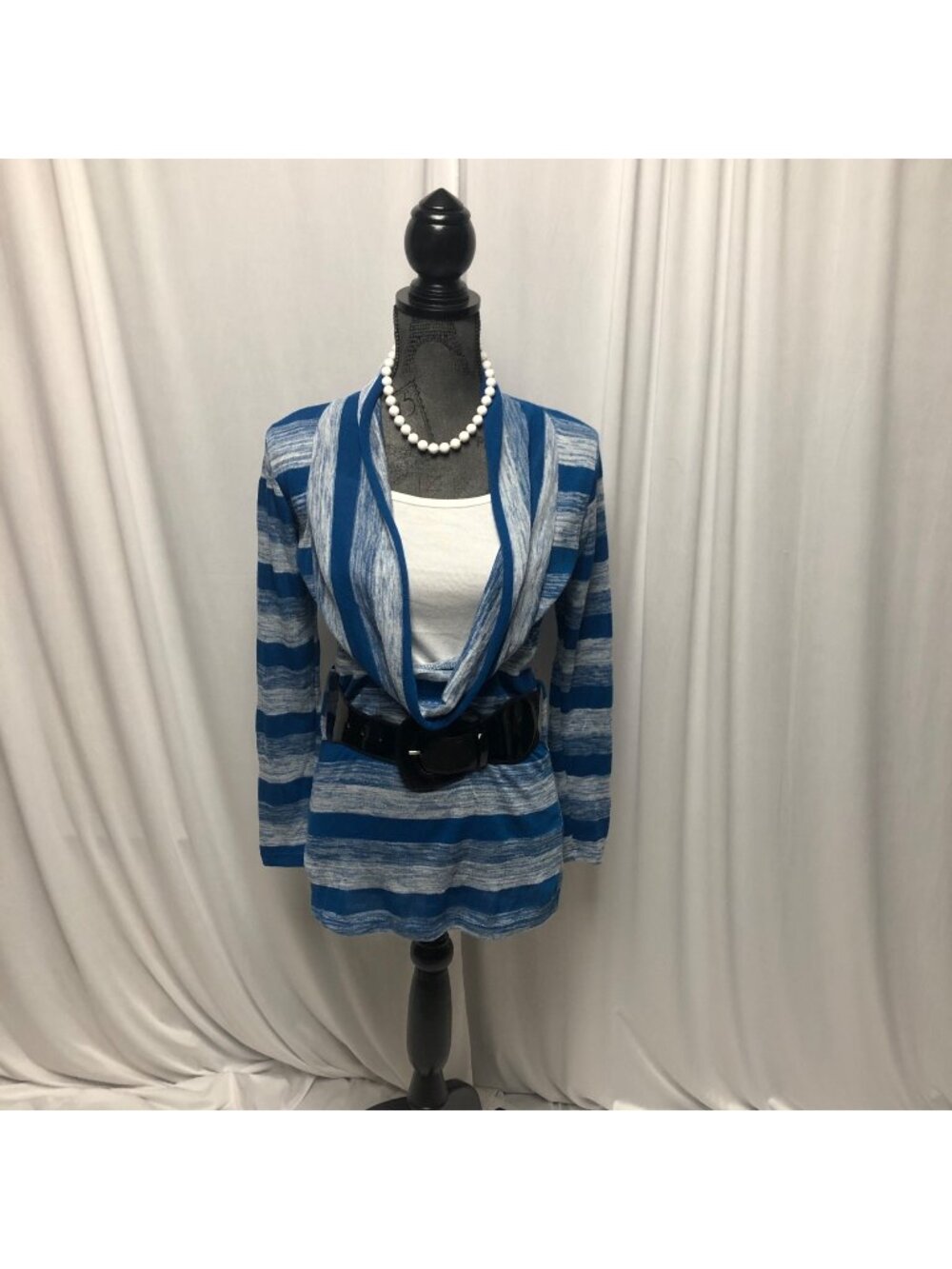 Say Anything Knit Top Womens Size Small Cowl Two Piece Look Belted Blue Striped